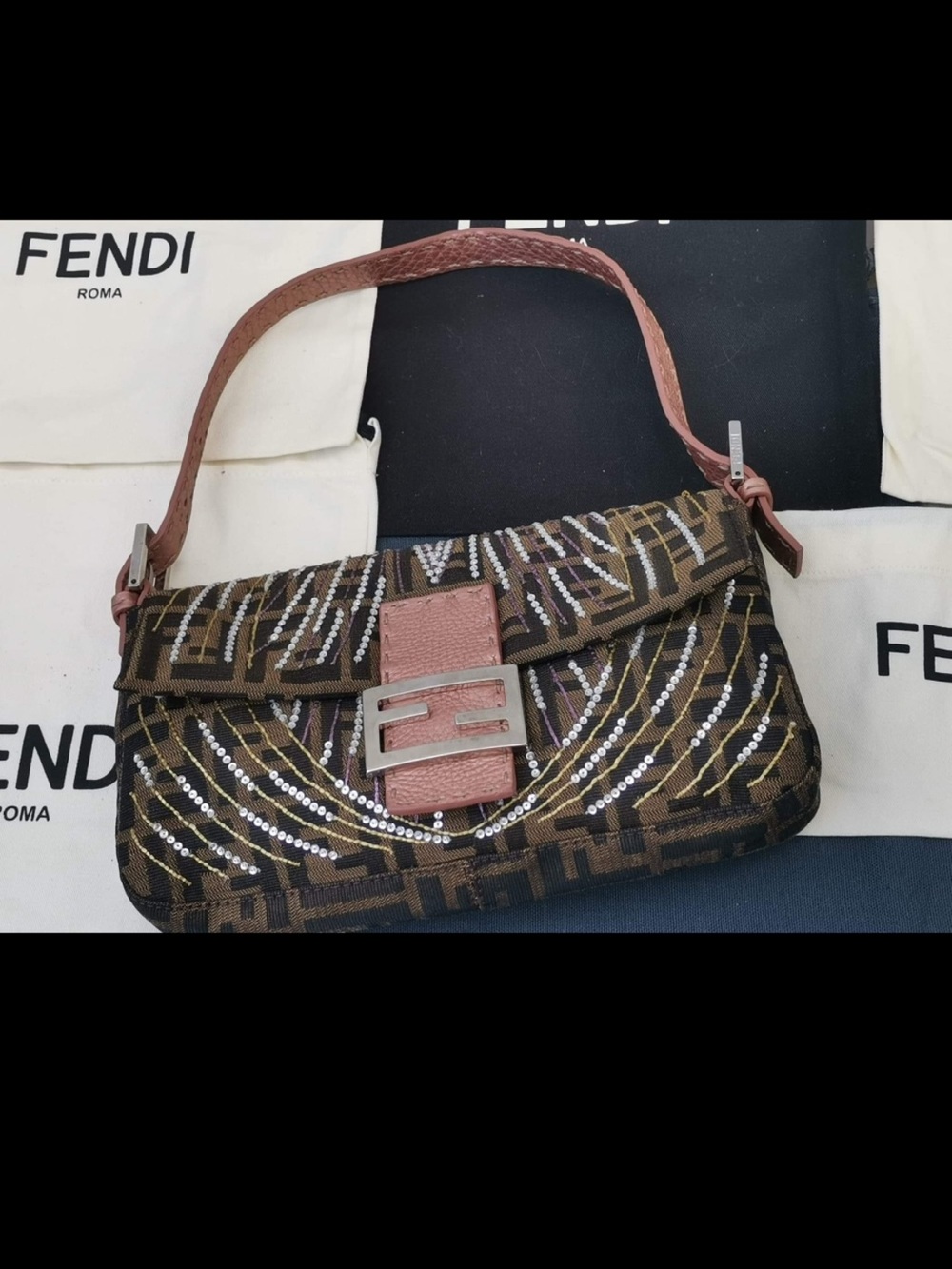 Fendi Brown and Pink Sequin-Embellished Shoulder Bag